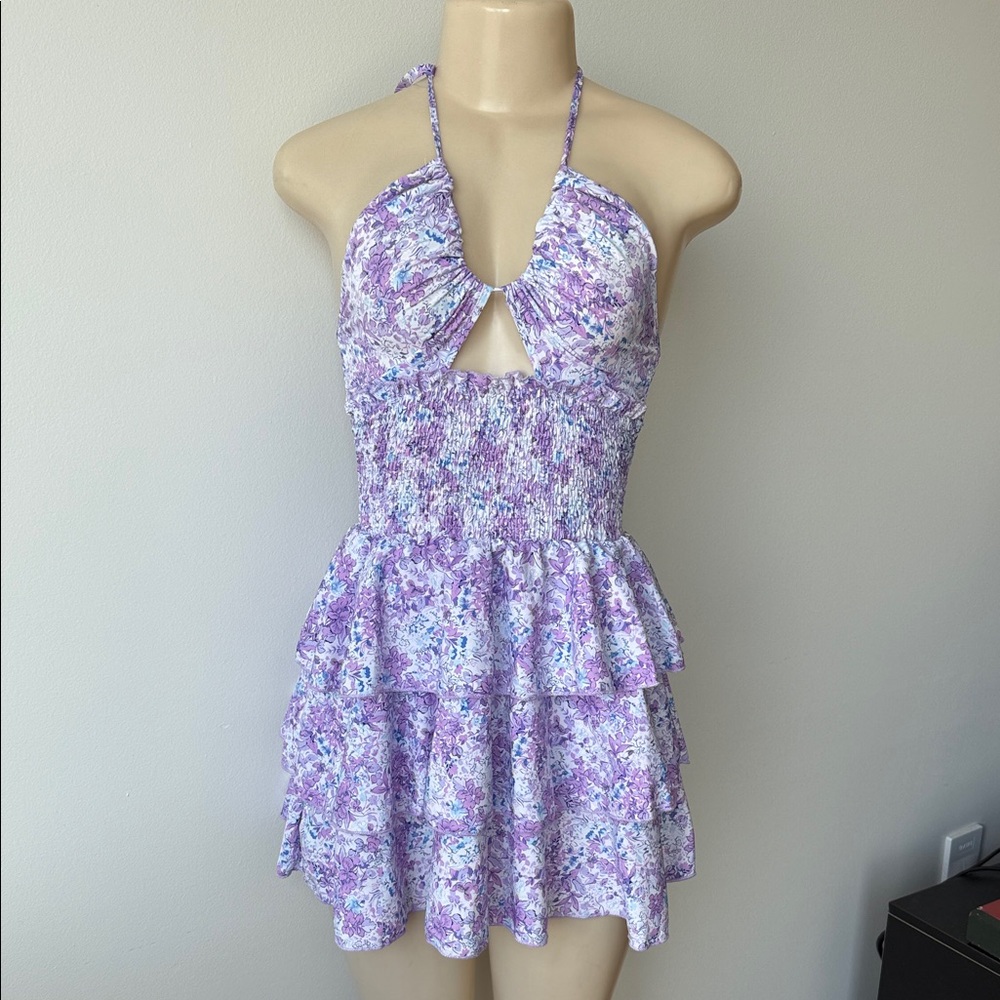 SHEIN Lavender Floral Dress Smocked Halter Ruffle XS